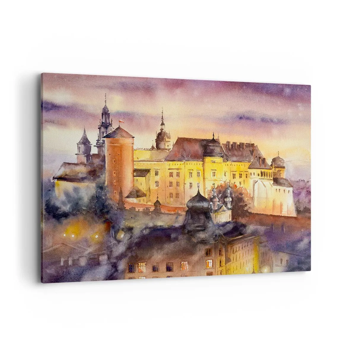 Bild auf Leinwand - Leinwandbild - Ein malerisches Aquarell einer Burg bei Sonnenuntergang - 120x80cm - Geschichte und Märchen - Moderne Wanddekoration für Wohnzimmer und Schlafzimmer ARTTOR