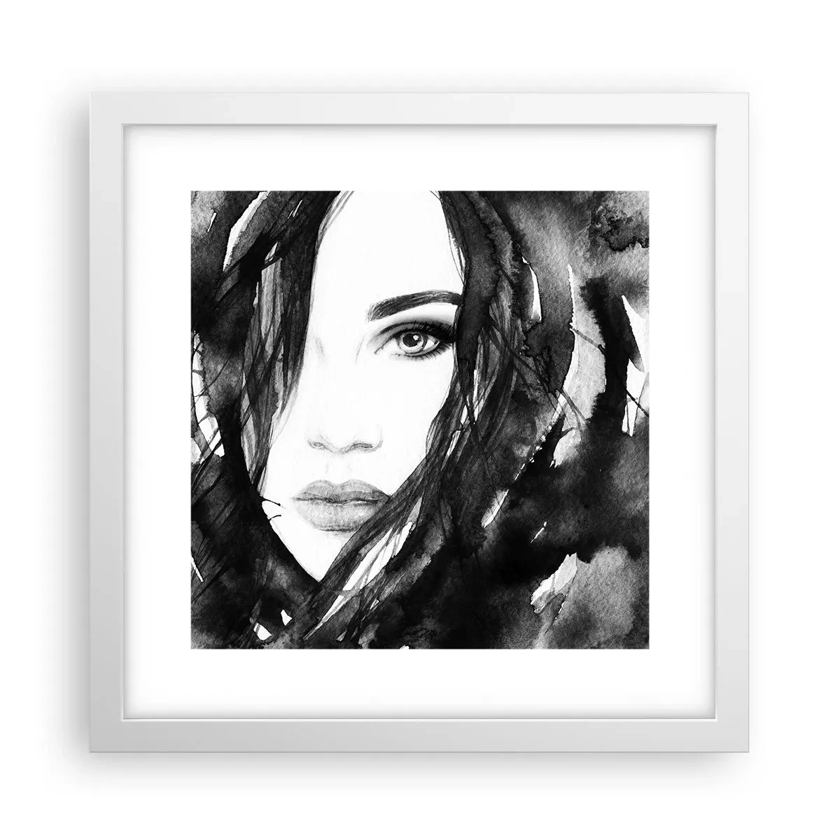 Poster in einem weißen Rahmen - Porträt einer Dame in Schwarzweiß - 30x30 cm