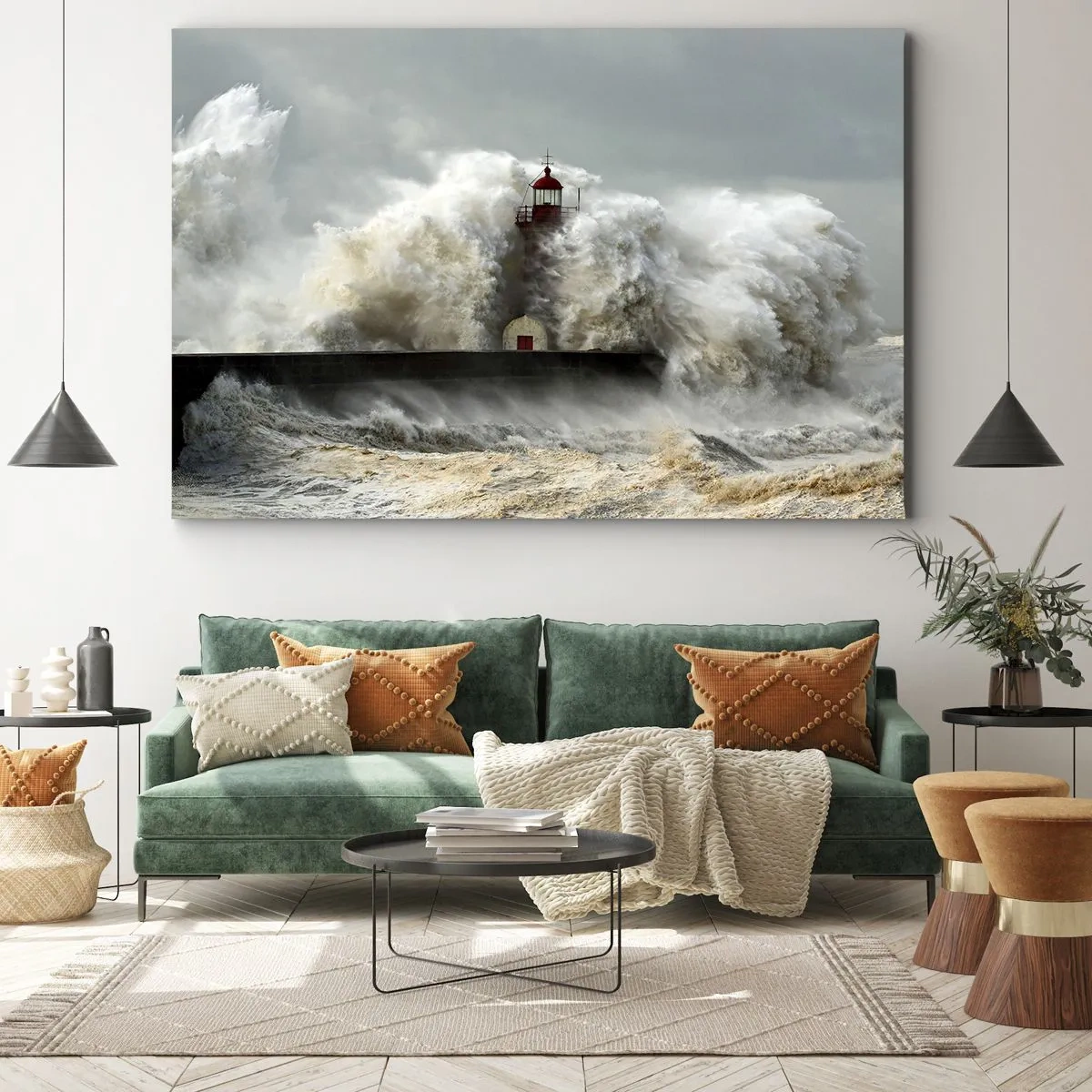Bild auf Leinwand - Leinwandbild - Ein Leuchtturm, umgeben von rauen Wellen während eines Sturms - 70x50cm - Die Wut des Ozeans - Moderne Wanddekoration für Wohnzimmer und Schlafzimmer ARTTOR