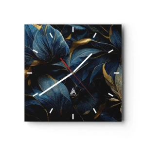 Wanduhr - Glasuhr - Elegante Blätter in Gold- und Marineblautönen - 30x30cm - Mit Gold gefüttert - Moderne Wanddekoration für Wohnzimmer und Schlafzimmer ARTTOR
