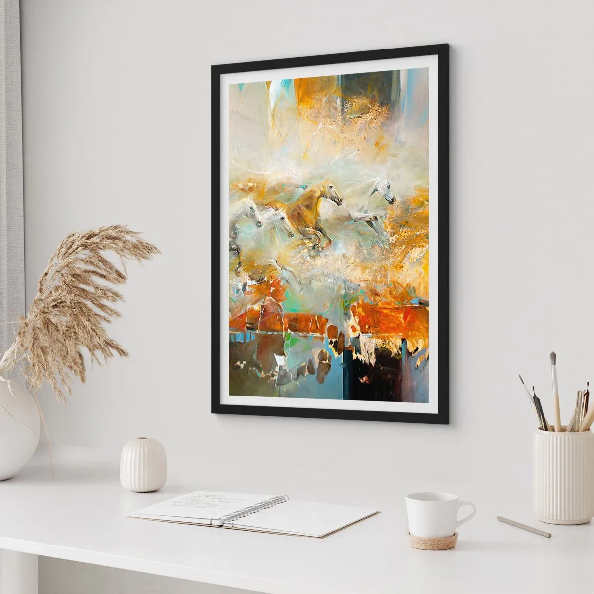 Poster in einem schwarzem Rahmen - Im Galopp durch das Licht - 70x100 cm