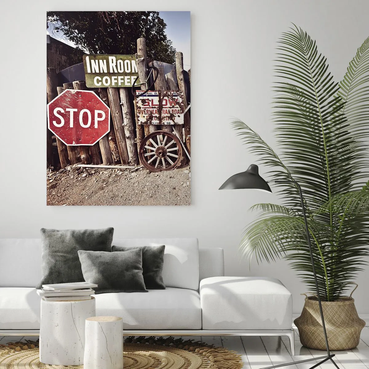 Glasbild - Bild auf glas - Holzzaun mit Vintage-Schildern und Rädern - 50x70cm - Und die Zeit ist stehen geblieben - Moderne Wanddekoration für Wohnzimmer und Schlafzimmer ARTTOR