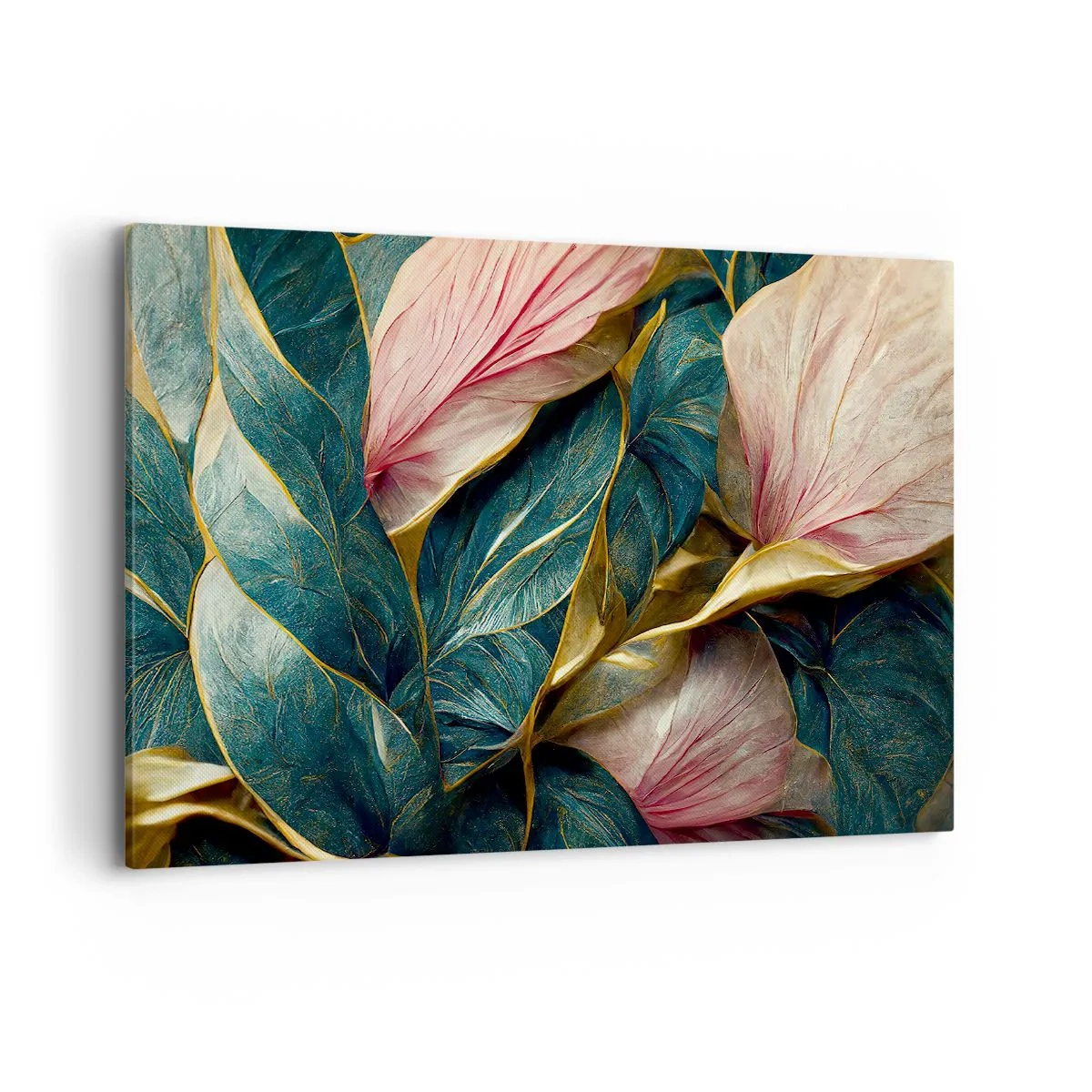 Bild auf Leinwand - Leinwandbild - Elegante Blätter in Grün, Gold und Pink - 120x80cm - Natürliche Eleganz und Stil - Moderne Wanddekoration für Wohnzimmer und Schlafzimmer ARTTOR
