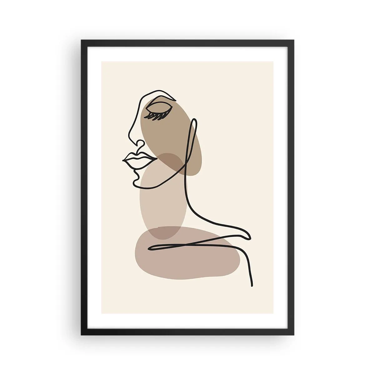 Poster in einem schwarzem Rahmen - Ein minimalistisches Frauenporträt in abstrakten Brauntönen - 50x70cm - Eine gewisse Linie der Schönheit - Moderne Wanddekoration für Wohnzimmer und Schlafzimmer ARTTOR