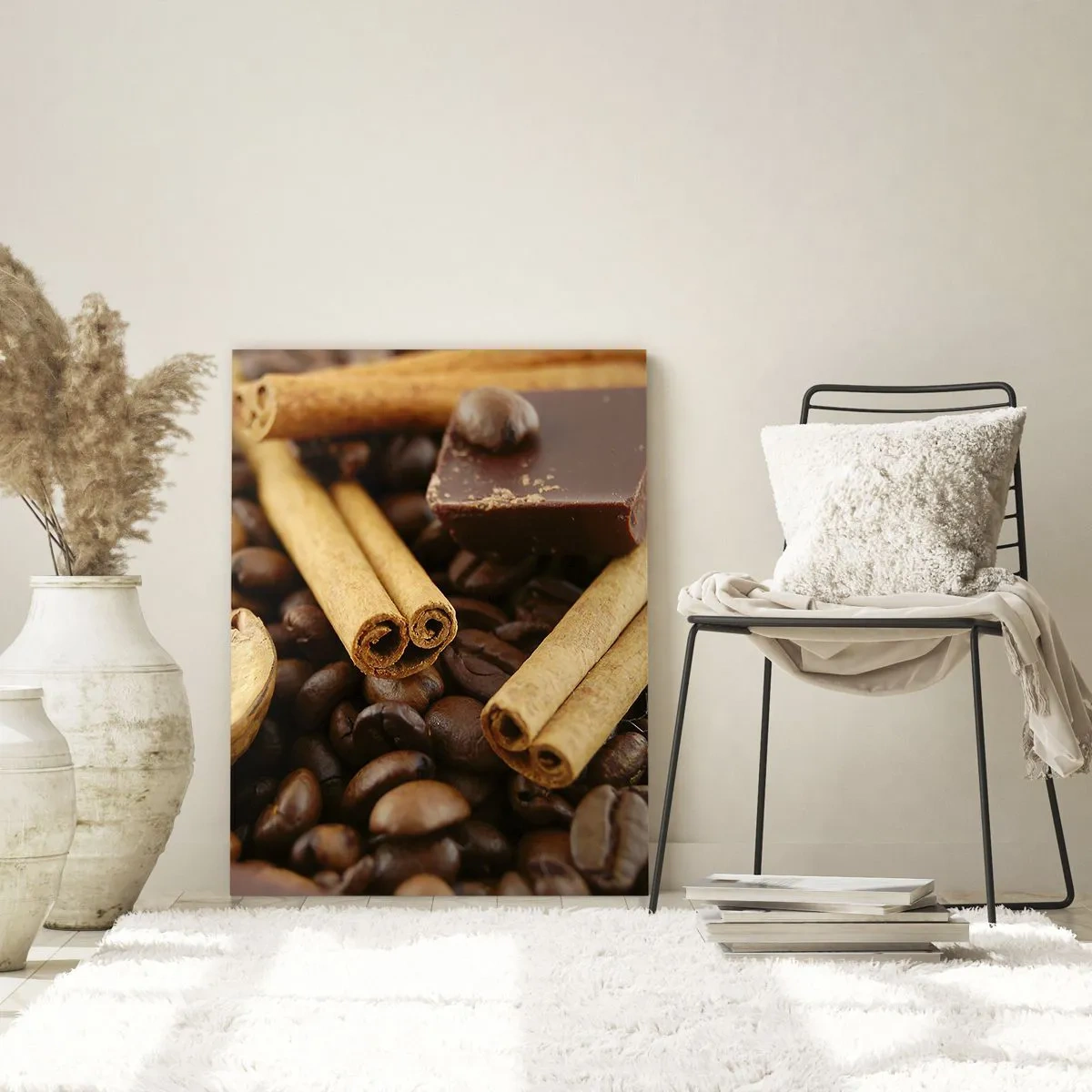 Glasbild - Bild auf glas - Kaffeebohnen mit Zimtstangen, Schokolade und Walnuss. - 70x100cm - Konzert der Aromen - Moderne Wanddekoration für Wohnzimmer und Schlafzimmer ARTTOR