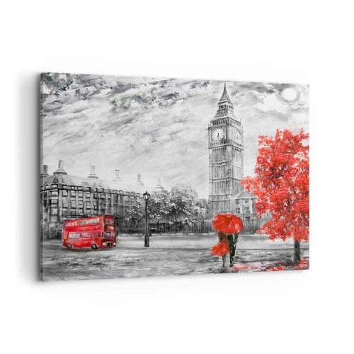 Bild auf Leinwand - Leinwandbild - Ikonische Ansicht von London mit Big Ben, einem roten Bus und einem Regenschirm - 100x70cm - Ein aufregender Tag - Moderne Wanddekoration für Wohnzimmer und Schlafzimmer ARTTOR