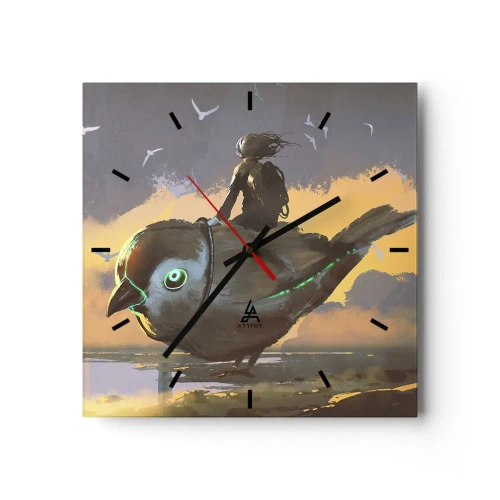 Wanduhr - Glasuhr - Reiter auf einem riesigen Vogel in einer surrealen Landschaft - 30x30cm - Ein Stopp auf einer fantastischen Reise - Moderne Wanddekoration für Wohnzimmer und Schlafzimmer ARTTOR