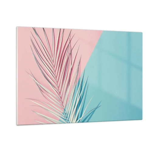 Glasbild - Bild auf glas - Ein Palmblatt auf pastellfarbenem Hintergrund in einer geometrischen Komposition - 120x80cm - Tropischer Eindruck - Moderne Wanddekoration für Wohnzimmer und Schlafzimmer ARTTOR