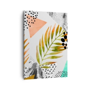 Bild auf Leinwand - Leinwandbild - Tropisches Muster mit Blättern und geometrischen Formen - 50x70cm - Dekoration mit Palmblatt - Moderne Wanddekoration für Wohnzimmer und Schlafzimmer ARTTOR