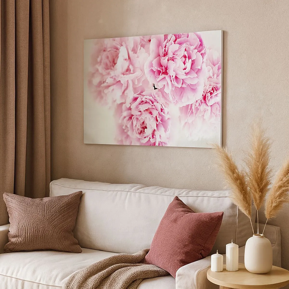 Bild auf Leinwand - Leinwandbild - Ein Strauß rosa Pfingstrosen auf hellem Hintergrund - 70x50cm - In rosa Glamour - Moderne Wanddekoration für Wohnzimmer und Schlafzimmer ARTTOR
