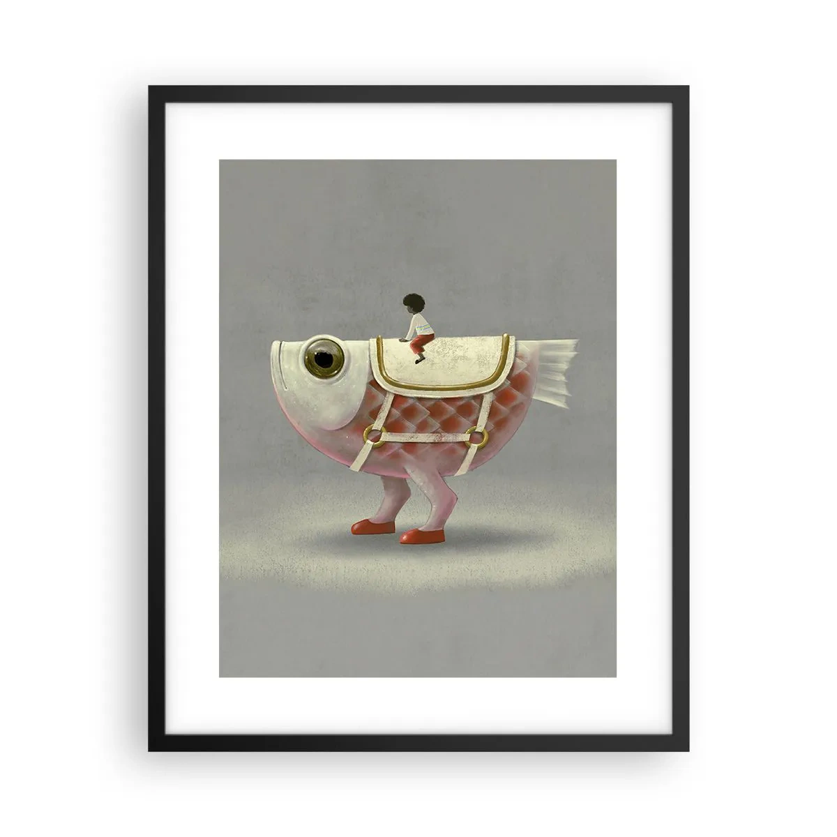 Poster in einem schwarzem Rahmen - Reiter auf einem surrealen Fisch - 40x50 cm