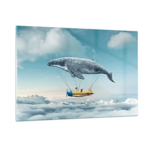 Glasbild - Bild auf glas - In einer surrealen Umgebung hebt ein Wal ein Flugzeug über die Wolken. - 120x80cm - Warum nicht? - Moderne Wanddekoration für Wohnzimmer und Schlafzimmer ARTTOR