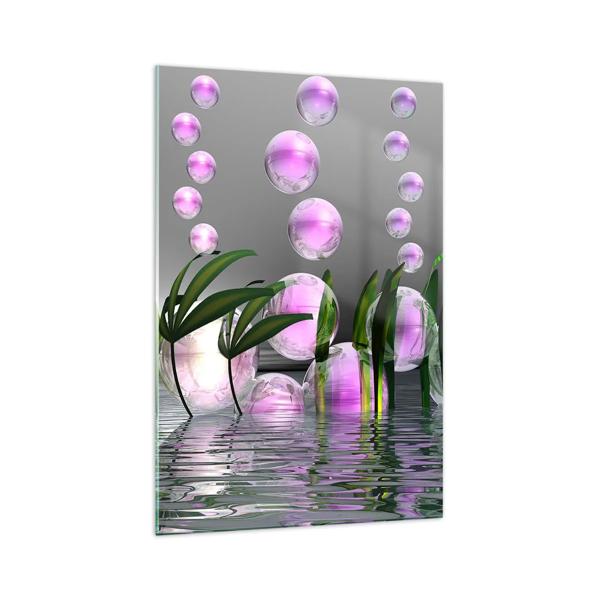 Glasbild - Bild auf glas - Grüne Blätter und rosa Blasen über dem Wasser auf grauem Hintergrund - 70x100cm - Eine reflektierende Komposition aus Leichtigkeit und Leben - Moderne Wanddekoration für Wohnzimmer und Schlafzimmer ARTTOR