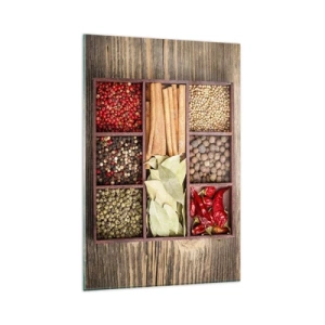 Glasbild - Bild auf glas - Holzkiste mit verschiedenen Gewürzen in Fächern - 80x120cm - Ordnung der Formen, Bouquet von Aromen - Moderne Wanddekoration für Wohnzimmer und Schlafzimmer ARTTOR
