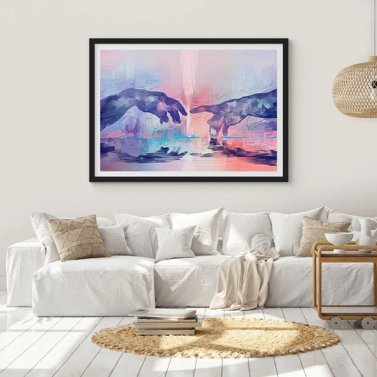 Poster in einem schwarzem Rahmen - Symbolische Hände in abstrakten Farben, die auf das Thema der Schöpfung verweisen - 100x70cm - Göttlicher Funke des Lebens - Moderne Wanddekoration für Wohnzimmer und Schlafzimmer ARTTOR