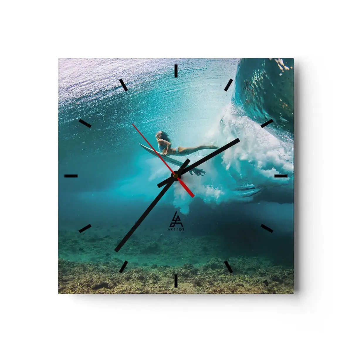 Wanduhr - Glasuhr - Surfer unter einer Welle im blauen Ozeanwasser - 30x30cm - Unterwasserwelt - Moderne Wanddekoration für Wohnzimmer und Schlafzimmer ARTTOR