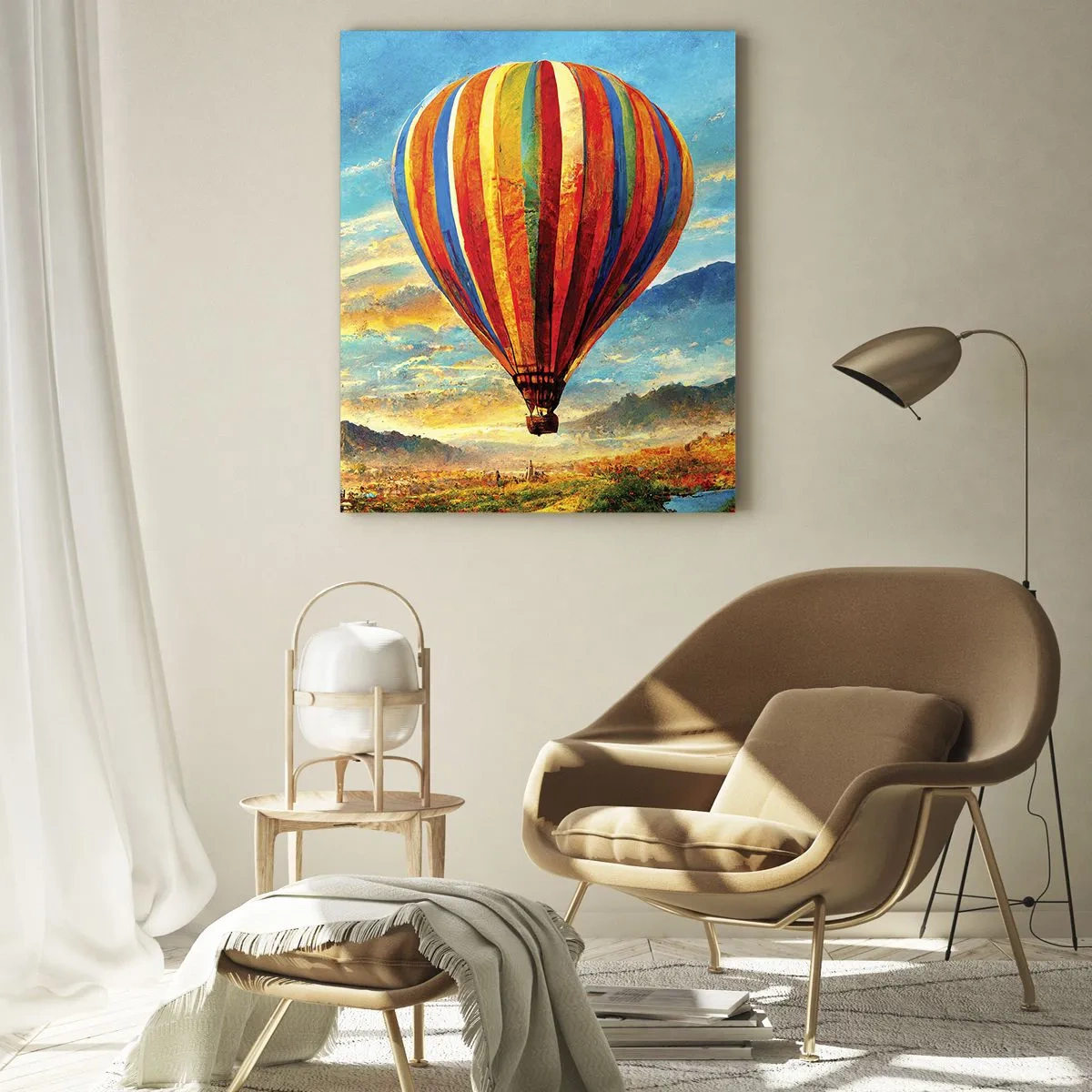 Glasbild - Bild auf glas - Ein bunter Ballon schwebt über einer Berglandschaft - 50x70cm - In der Stille sieht man mehr - Moderne Wanddekoration für Wohnzimmer und Schlafzimmer ARTTOR