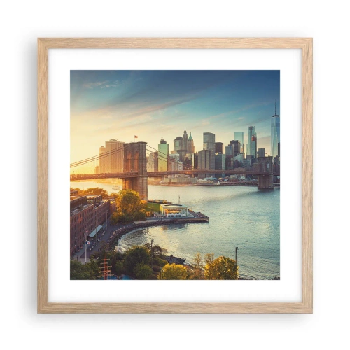 Poster in einem Rahmen aus heller Eiche - Morgendämmerung der Großstadt - 40x40 cm