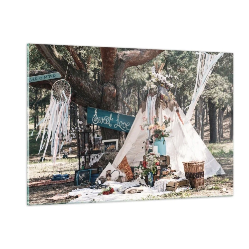 Glasbild - Bild auf glas - Boho Outdoor-Dekoration mit Tipi und Blumen im Wald - 120x80cm - Liebe machen ... - Moderne Wanddekoration für Wohnzimmer und Schlafzimmer ARTTOR