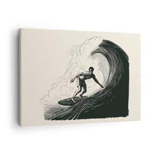 Bild auf Leinwand - Leinwandbild - Schwarz-Weiß-Grafik eines Surfers, der auf einer Welle reitet - 70x50cm - König der Welle - Moderne Wanddekoration für Wohnzimmer und Schlafzimmer ARTTOR