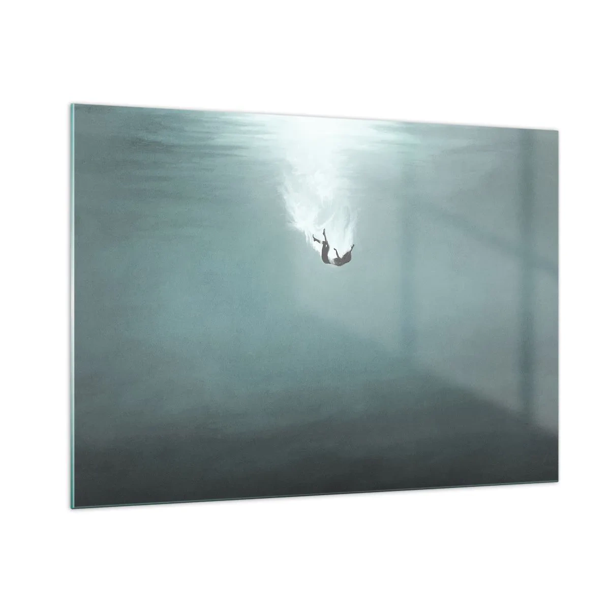 Glasbild - Bild auf glas - Die Silhouette eines Mannes, eingetaucht in die blauen Tiefen des Ozeans - 100x70cm - In den Armen des Ozeans - Moderne Wanddekoration für Wohnzimmer und Schlafzimmer ARTTOR