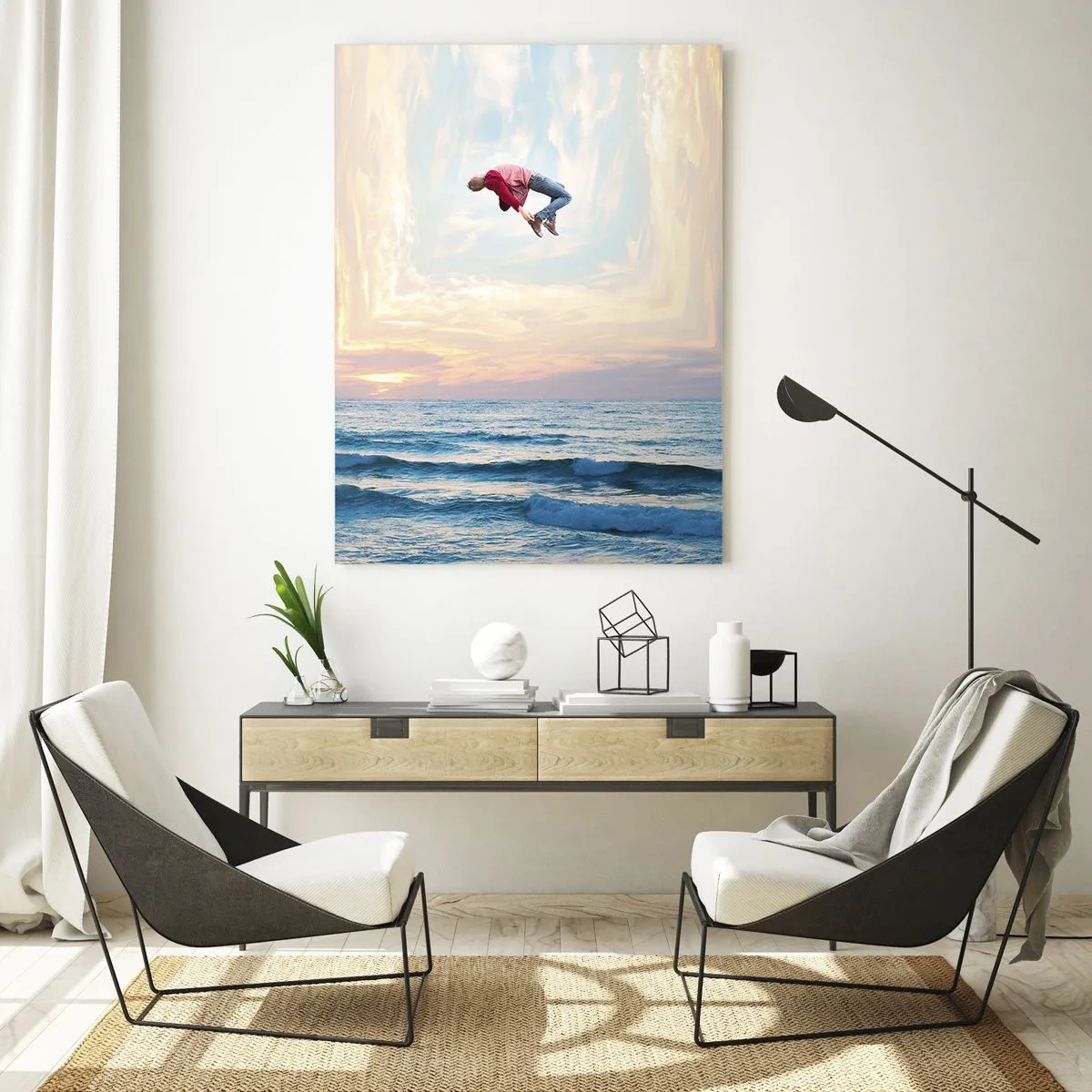 Glasbild - Bild auf glas - Surrealer Sprung über das Meer im Rahmen - 70x100cm - In eine andere Dimension - Moderne Wanddekoration für Wohnzimmer und Schlafzimmer ARTTOR