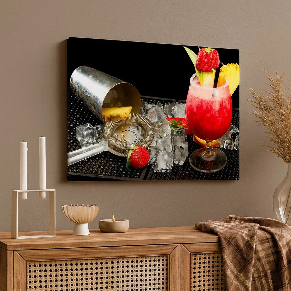 Bild auf Leinwand - Leinwandbild - Ein bunter Cocktail mit Erdbeeren, Eis und Ananas - 70x50cm - Zaubern Sie einen Geschmack - Moderne Wanddekoration für Wohnzimmer und Schlafzimmer ARTTOR