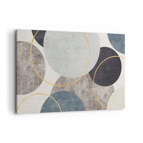Bild auf Leinwand - Leinwandbild - Geometrische Kreise in Grau-, Blau- und Goldtönen - 120x80cm - Rad für Rad - Moderne Wanddekoration für Wohnzimmer und Schlafzimmer ARTTOR
