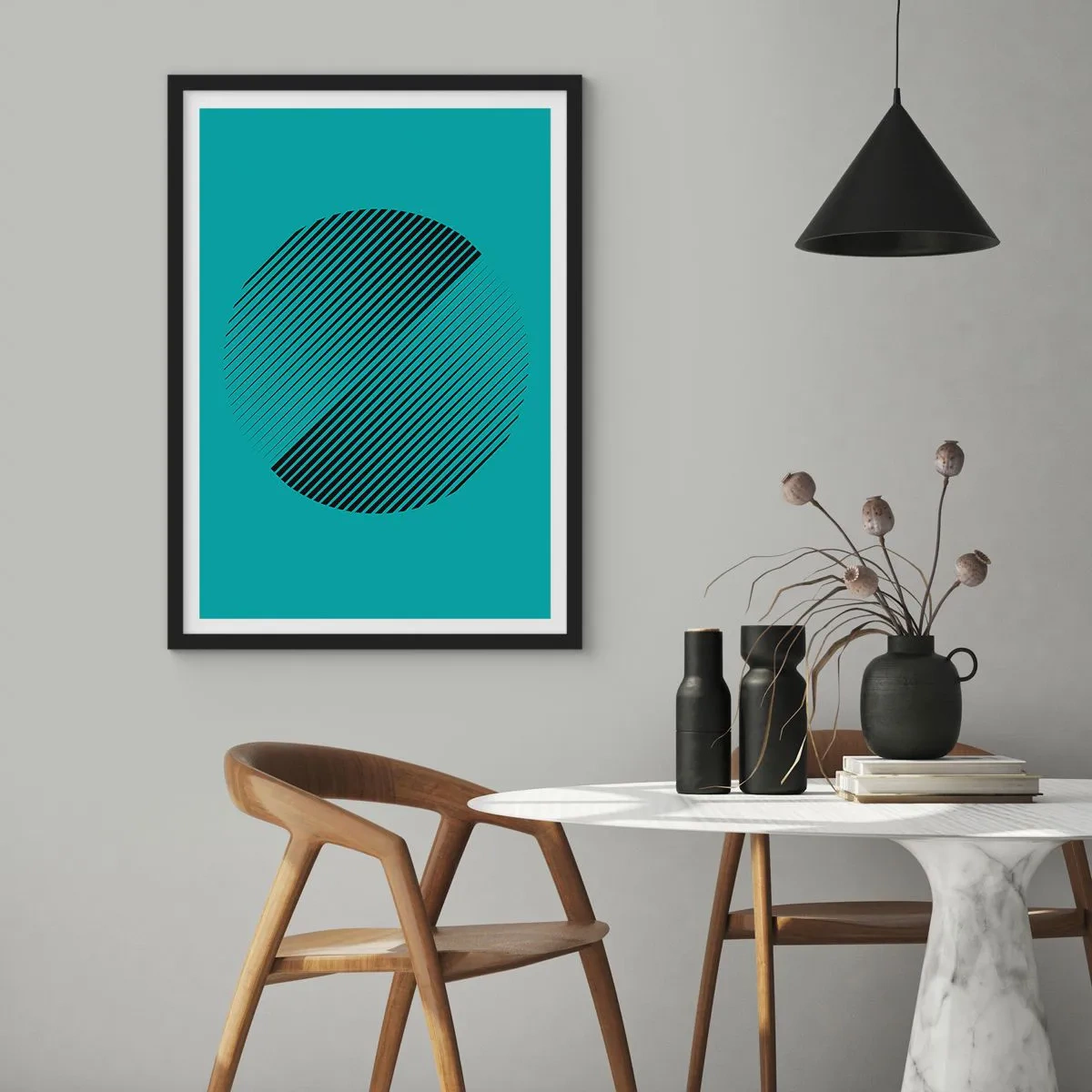 Poster in einem schwarzem Rahmen - Minimalistische Kreisgrafik mit Linien auf türkisfarbenem Hintergrund - 50x70cm - Kreis – eine geometrische Variante - Moderne Wanddekoration für Wohnzimmer und Schlafzimmer ARTTOR