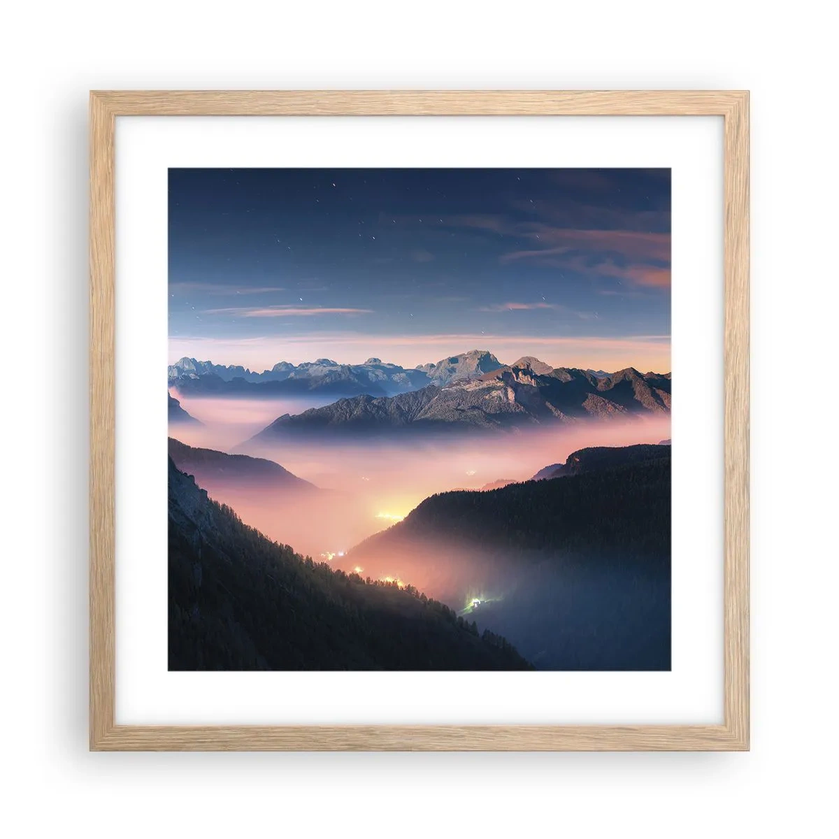 Poster in einem Rahmen aus heller Eiche - Licht in den Tälern - 40x40 cm