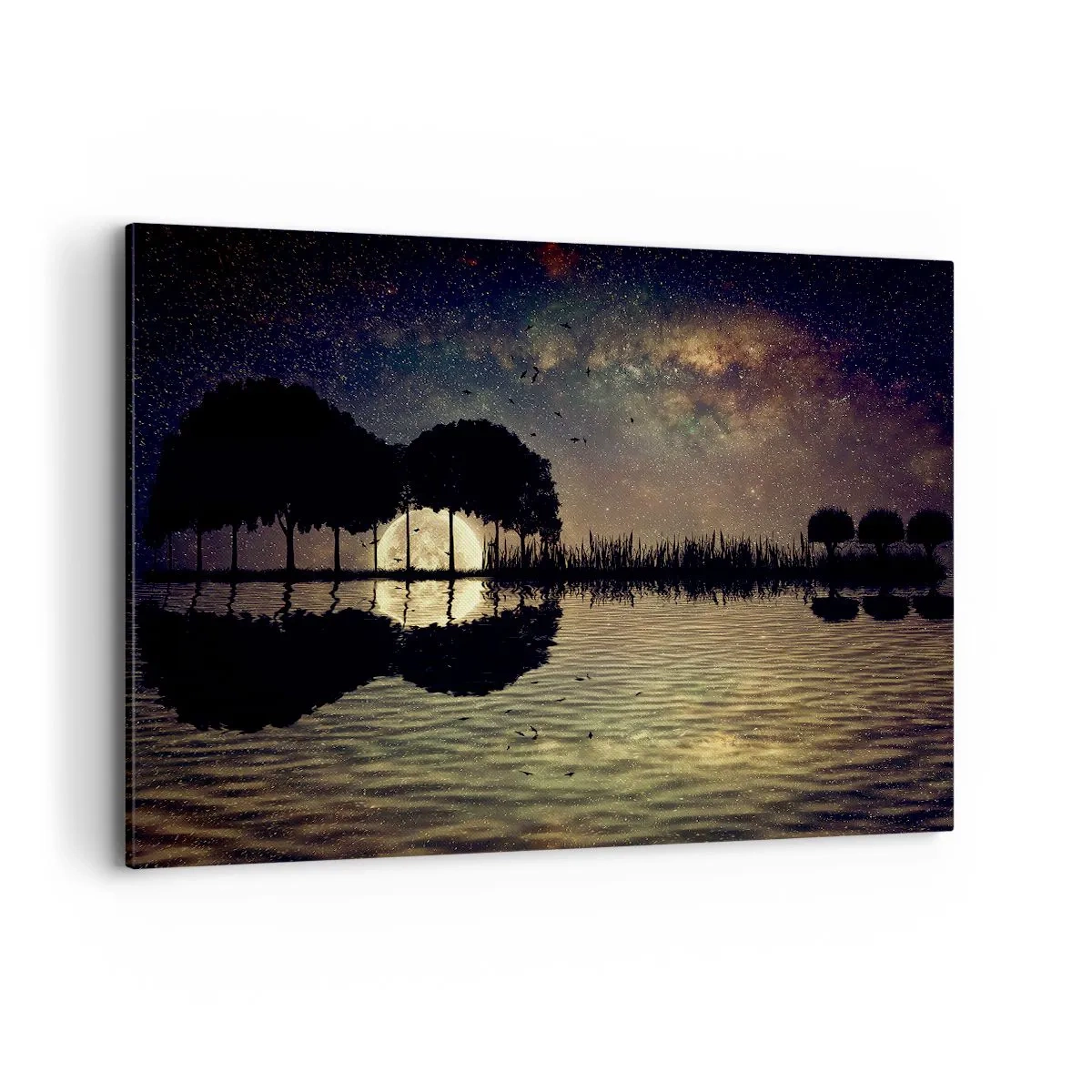 Bild auf Leinwand - Leinwandbild - Eine magische Nacht mit Bäumen und dem Mond, der sich im Wasser spiegelt - 120x80cm - Nacht am Ende der Welt - Moderne Wanddekoration für Wohnzimmer und Schlafzimmer ARTTOR