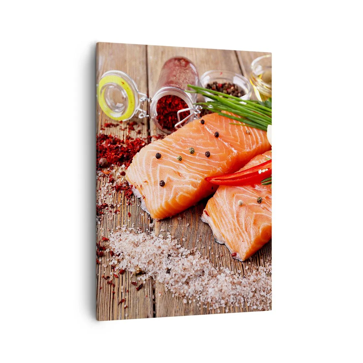 Bild auf Leinwand - Leinwandbild - Lachsfilets mit Gewürzen auf Holzhintergrund - 50x70cm - Norwegisches Abenteuer in der Küche - Moderne Wanddekoration für Wohnzimmer und Schlafzimmer ARTTOR