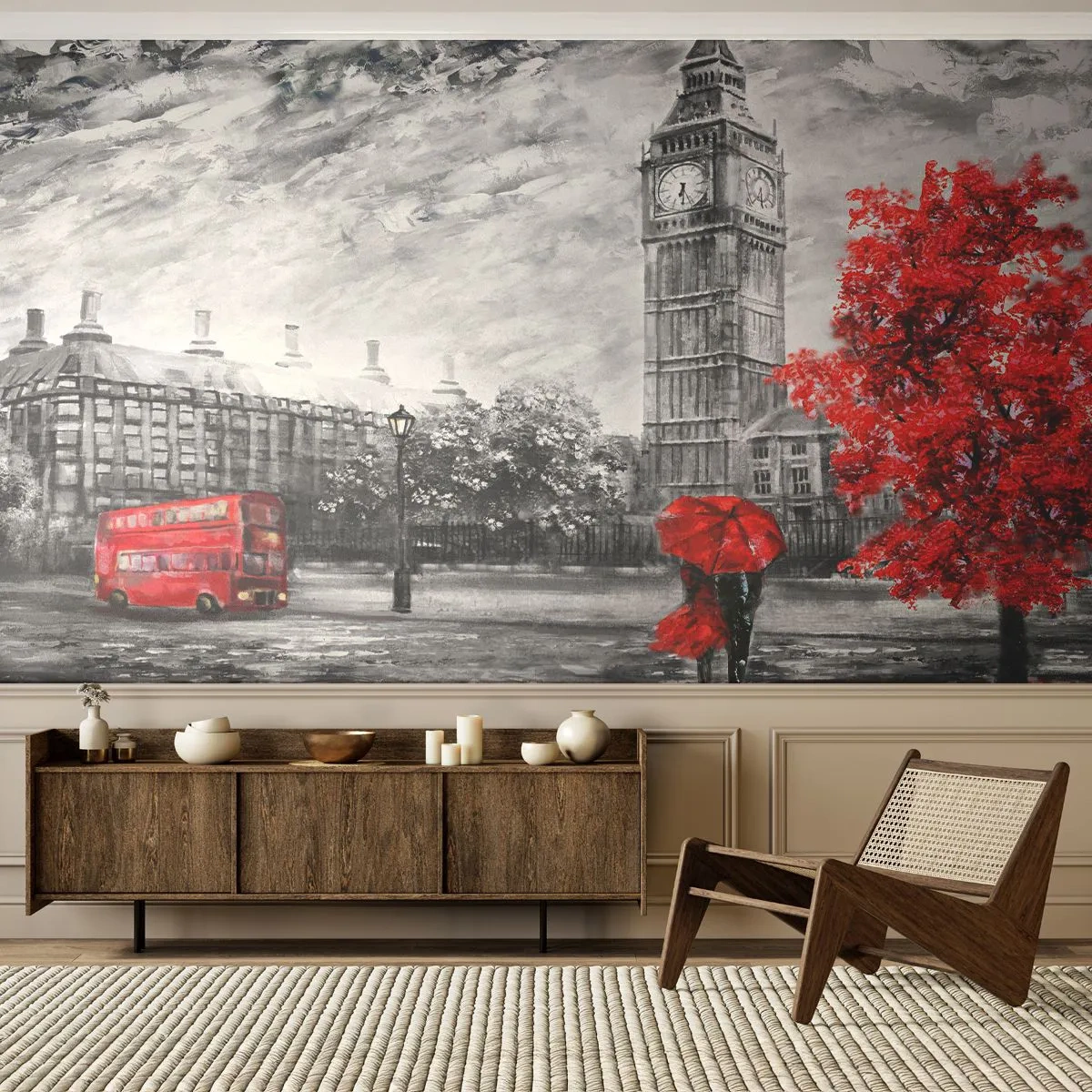 Fototapete Premium Sand - Eine romantische Londoner Szene mit rotem Akzent - 100x70cm - Ein aufregender Tag - Moderne Wanddekoration für Wohnzimmer und Schlafzimmer ARTTOR