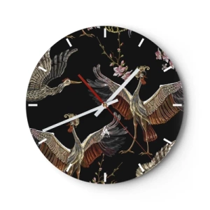 Wanduhr - Glasuhr - Illustrative Vögel im Flug vor einem Hintergrund aus floralen Zweigen und schwarzen - 30x30cm - Märchenvogel - Moderne Wanddekoration für Wohnzimmer, Küche und Schlafzimmer ARTTOR