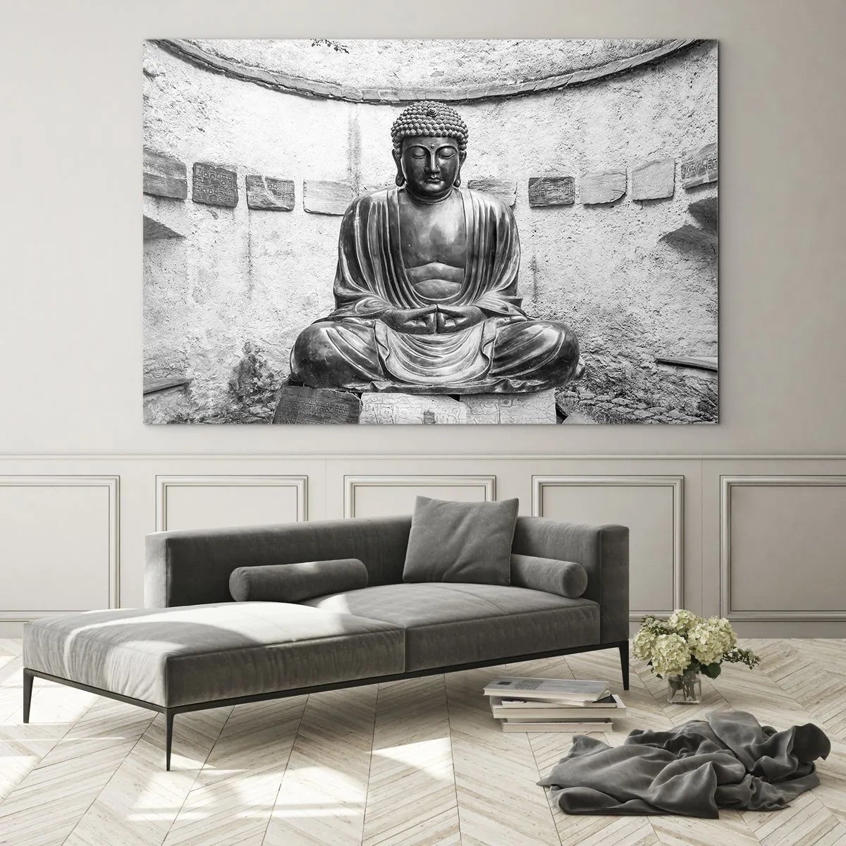 Glasbild - Bild auf glas - Schwarz-weiße Buddha-Statue in meditativer Pose - 120x80cm - An der Quelle des Friedens - Moderne Wanddekoration für Wohnzimmer und Schlafzimmer ARTTOR