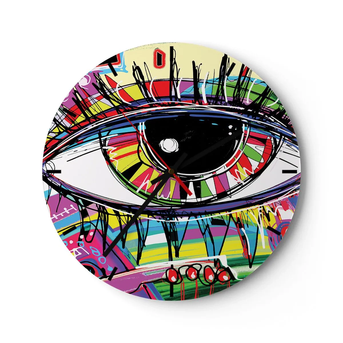 Wanduhr - Glasuhr - Buntes Auge in abstrakter Grafik - 30x30cm - Buntes Auge - bunte Seele - Moderne Wanddekoration für Wohnzimmer, Küche und Schlafzimmer ARTTOR