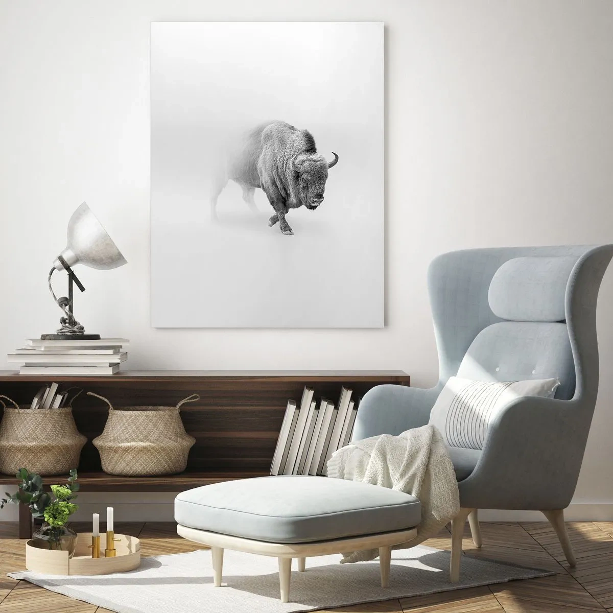 Glasbild - Bild auf glas - Weißer Bison in minimalistischem Ambiente - 70x100cm - König der Prärie - Moderne Wanddekoration für Wohnzimmer und Schlafzimmer ARTTOR