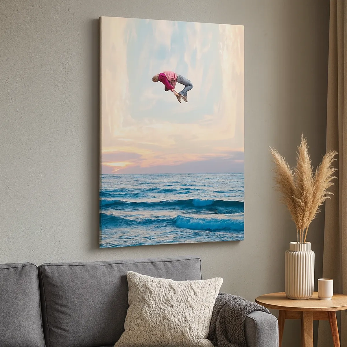 Bild auf Leinwand - Leinwandbild - Surrealer Sprung über das Meer im Rahmen - 50x70cm - In eine andere Dimension - Moderne Wanddekoration für Wohnzimmer und Schlafzimmer ARTTOR