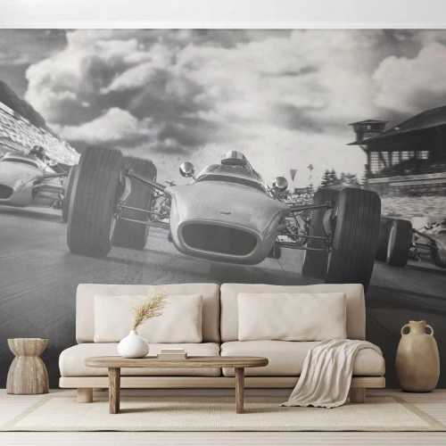 Fototapete Premium Sand - Retro-Rennwagen auf der Strecke in dynamischer Perspektive - 100x70cm - Power ist da! - Moderne Wanddekoration für Wohnzimmer und Schlafzimmer ARTTOR