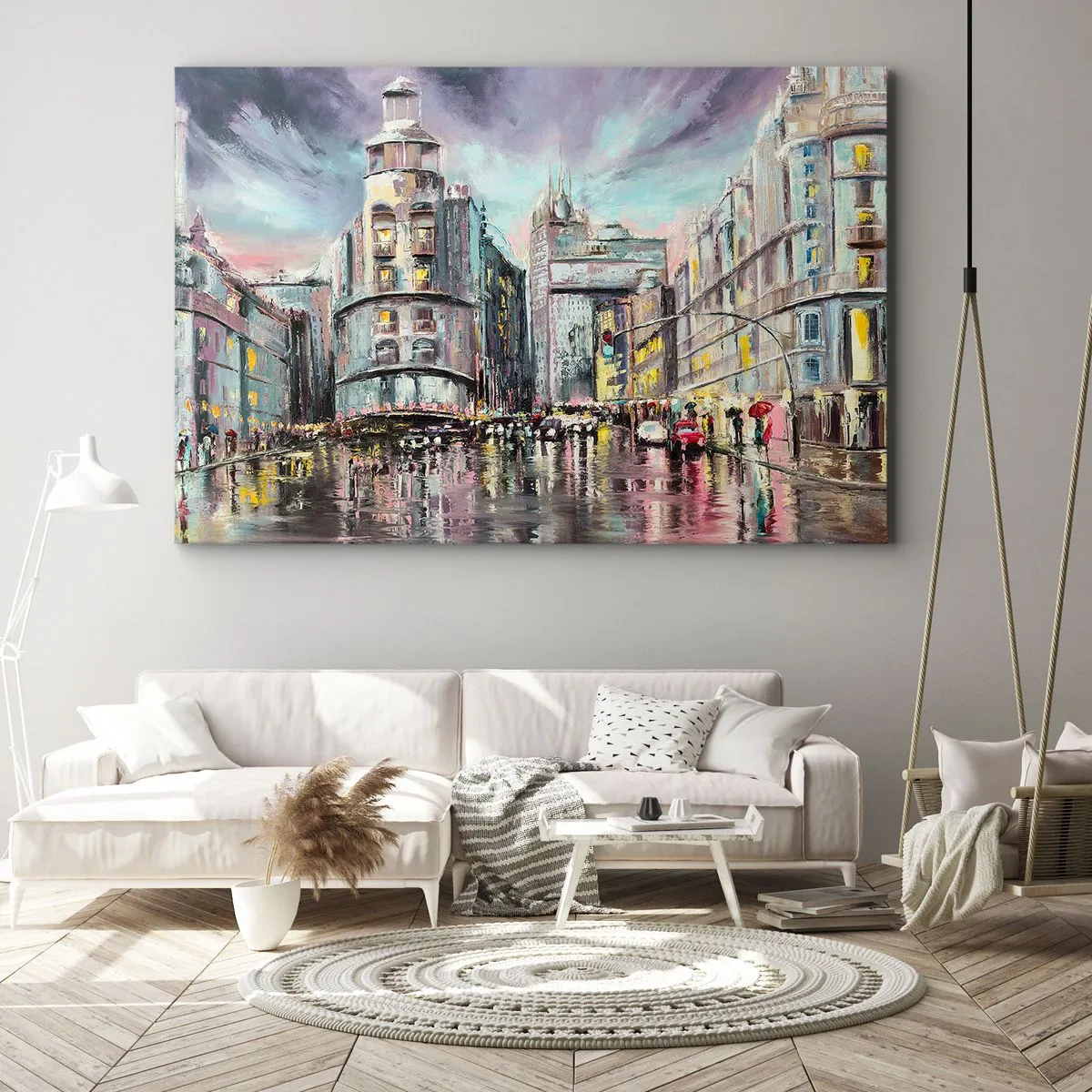 Bild auf Leinwand - Leinwandbild - Abendlicher Blick auf die Stadt mit Spiegelungen auf der nassen Straße - 120x80cm - Es wird ein gelungener Abend - Moderne Wanddekoration für Wohnzimmer und Schlafzimmer ARTTOR