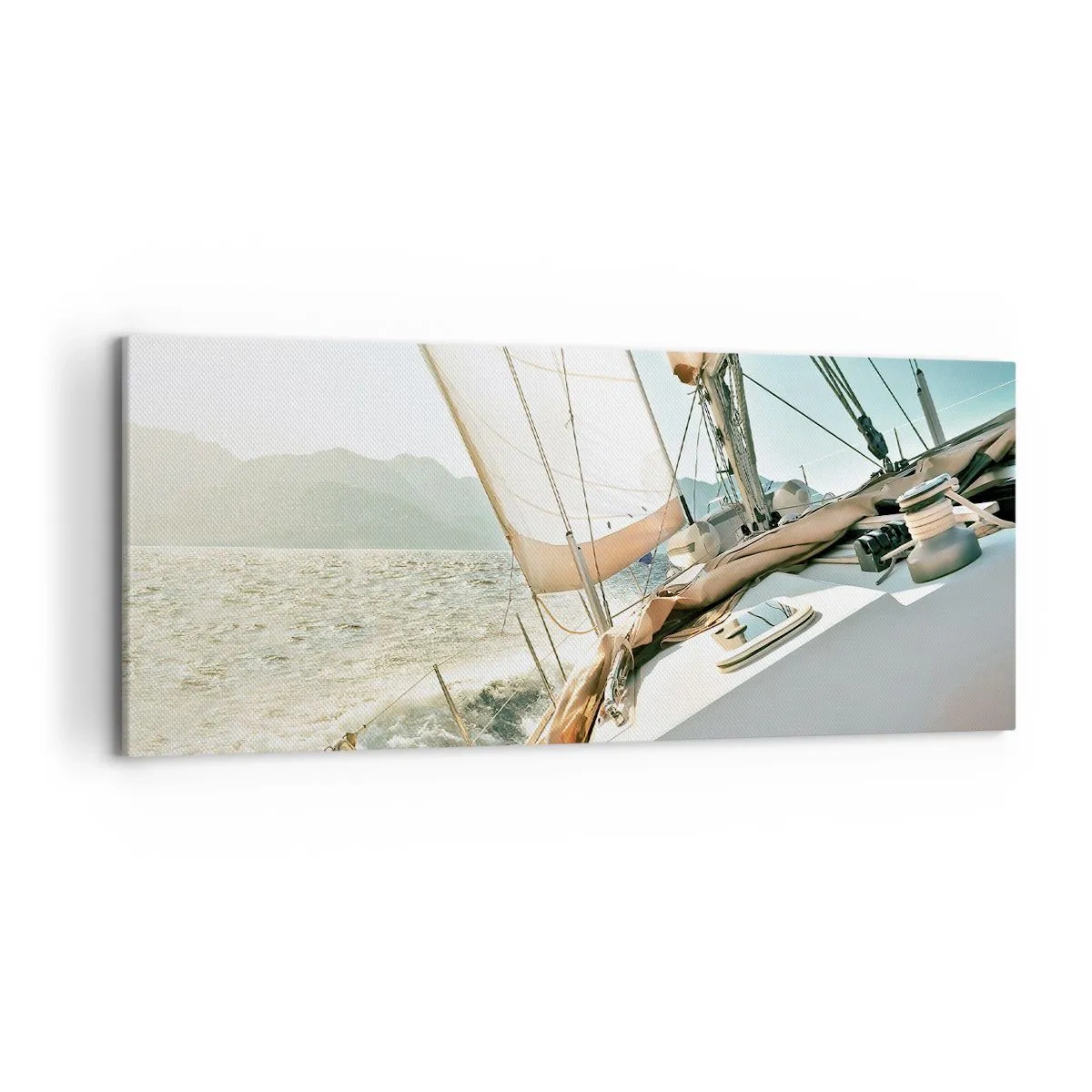 Bild auf Leinwand - Leinwandbild - Eine Yacht auf offener See mit Blick auf die Berge - 120x50cm - Unter vollen Segeln - Moderne Wanddekoration für Wohnzimmer und Schlafzimmer ARTTOR