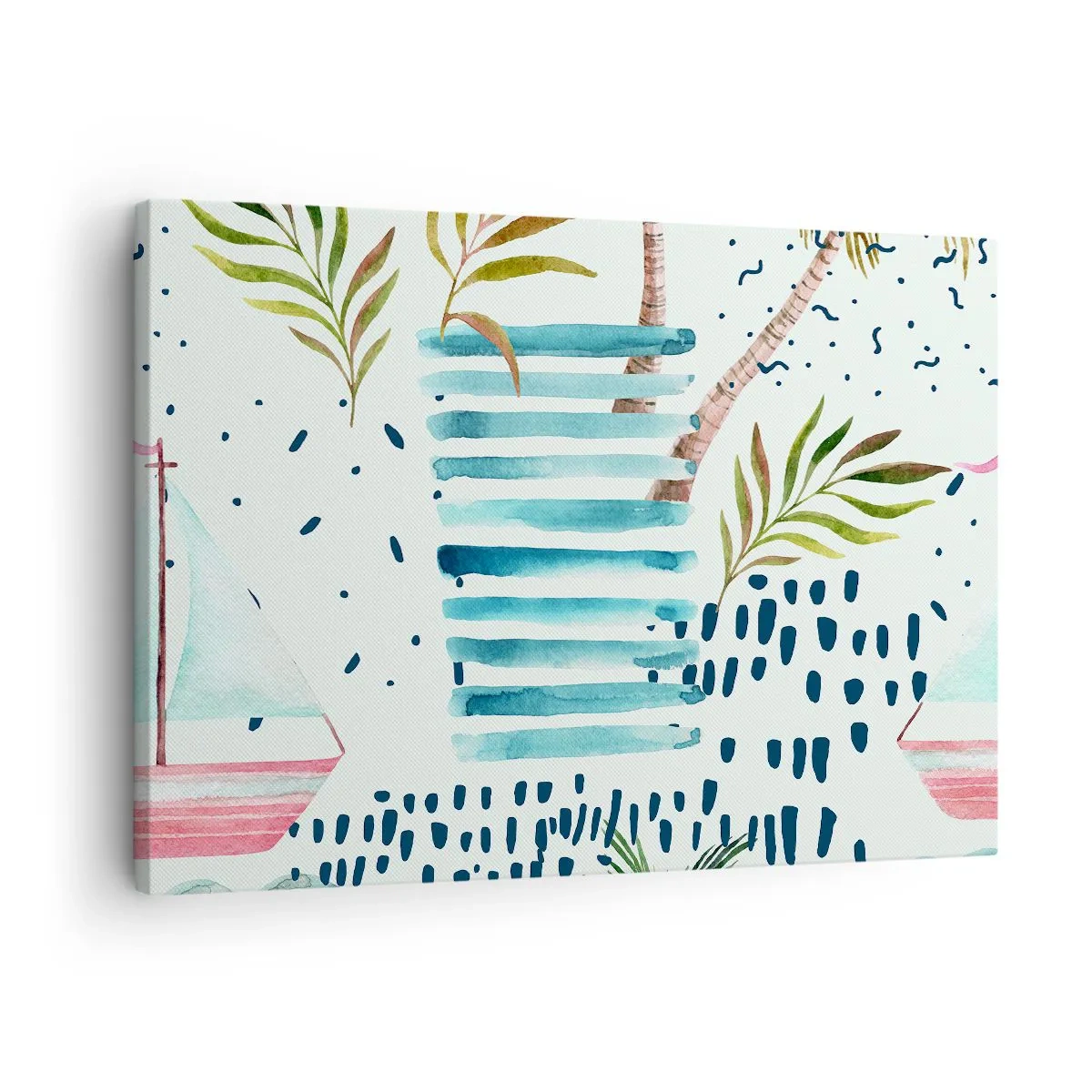 Bild auf Leinwand - Leinwandbild - Abstraktes Muster mit Palmen und nautischen Akzenten - 70x50cm - Urlaub unter Palmen - Moderne Wanddekoration für Wohnzimmer und Schlafzimmer ARTTOR
