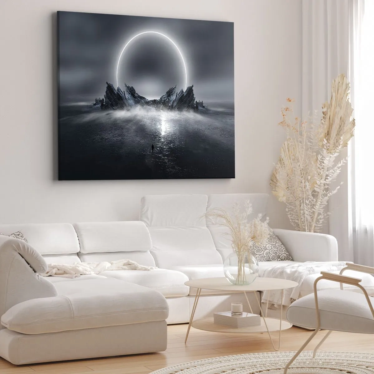 Bild auf Leinwand - Leinwandbild - Mysteriöse Landschaft mit einem Lichtring über den Bergen - 70x50cm - Ende der Geschichte - Moderne Wanddekoration für Wohnzimmer und Schlafzimmer ARTTOR