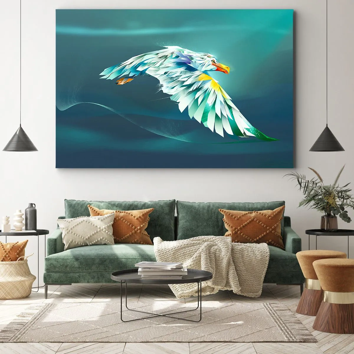 Bild auf Leinwand - Leinwandbild - Abstrakter Adler im Flug vor einem türkisfarbenen Himmel - 100x70cm - Der Adler deiner Flüge ist die Kraft - Moderne Wanddekoration für Wohnzimmer und Schlafzimmer ARTTOR