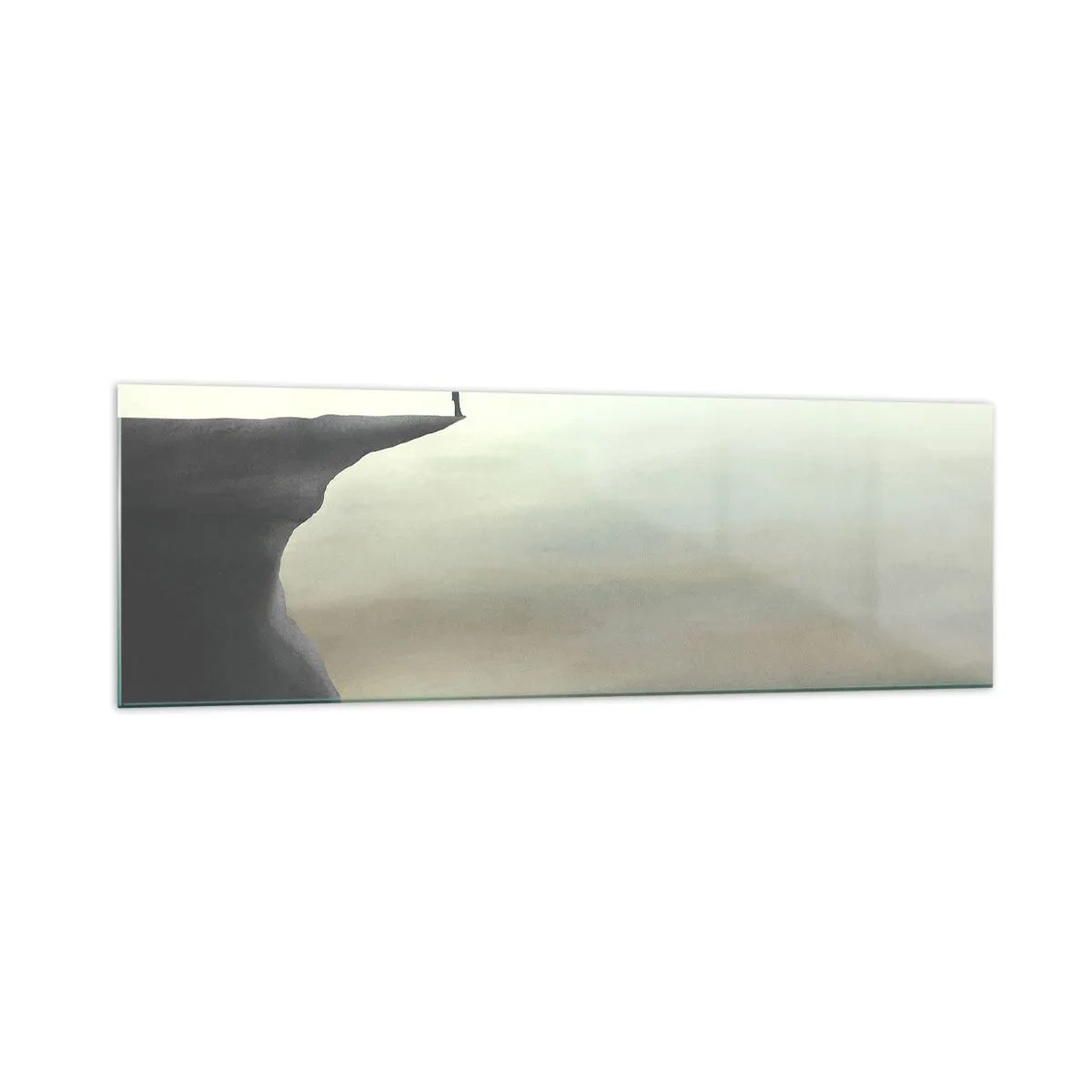 Glasbild - Bild auf glas - Silhouette einer Figur am Rand einer Klippe in einer nebligen Landschaft - 160x50cm - Nach oben, natürlich! - Moderne Wanddekoration für Wohnzimmer und Schlafzimmer ARTTOR