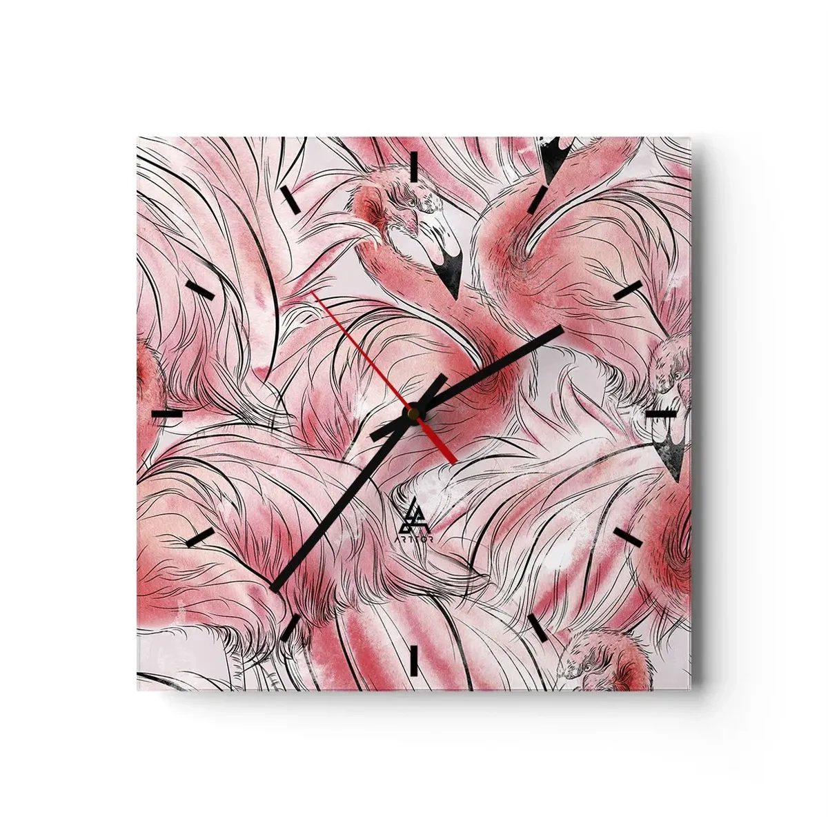Wanduhr - Glasuhr - Zarte Zeichnungen von rosa Flamingos - 30x30cm - Bird Corps de Ballet - Moderne Wanddekoration für Wohnzimmer und Schlafzimmer ARTTOR