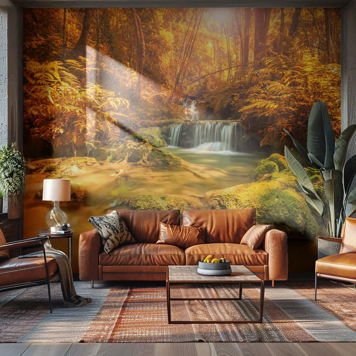 Fototapete Premium Sand - Ein goldener Wasserfall, umgeben von einem herbstlichen Wald in den Strahlen der Sonne - 100x70cm - Waldkaskade in Gold - Moderne Wanddekoration für Wohnzimmer und Schlafzimmer ARTTOR