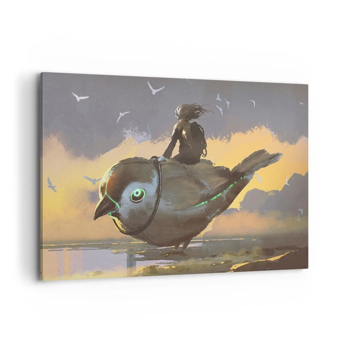 Bild auf Leinwand - Leinwandbild - Reiter auf einem riesigen Vogel in einer surrealen Landschaft - 100x70cm - Ein Stopp auf einer fantastischen Reise - Moderne Wanddekoration für Wohnzimmer und Schlafzimmer ARTTOR