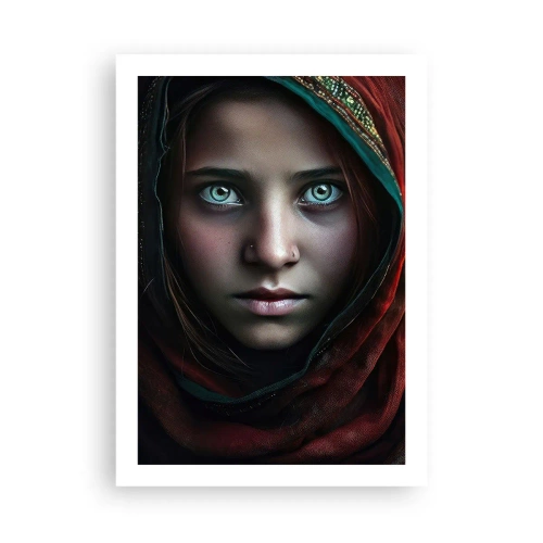 Poster - Porträt eines Mädchens in einem roten Schal mit hypnotisierenden Augen - 50x70cm - Prinzessin aus dem Osten - Moderne Wanddekoration für Wohnzimmer und Schlafzimmer ARTTOR