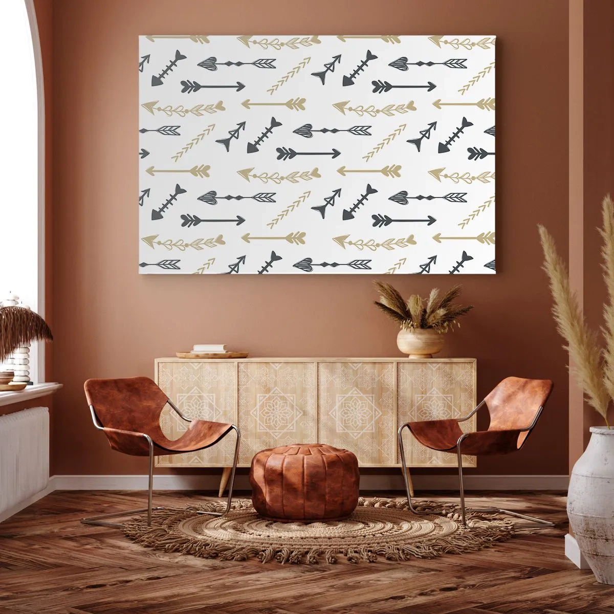 Bild auf Leinwand - Leinwandbild - Ein minimalistisches Muster mit Pfeilen in Beige- und Grautönen. - 120x80cm - Der Traum des Bogenschützen - Moderne Wanddekoration für Wohnzimmer und Schlafzimmer ARTTOR